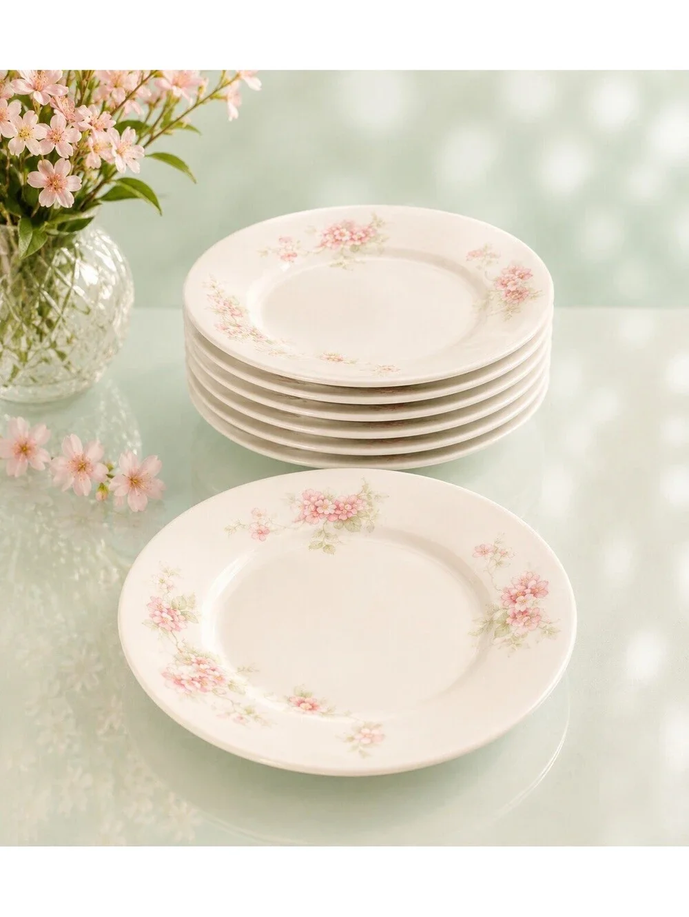 O&EG Royal Austria 1900s Pink Floral Porcelain Set Of 7 Bread Butter Plates 6.5”